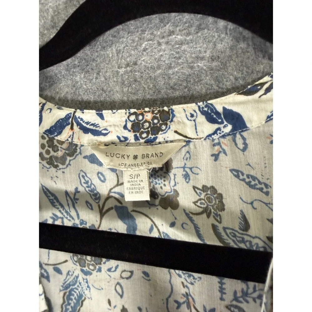 Lucky Brand Blue White Floral Ruffle Tiered Mini Dress Small V-Neck Puff Sleeve - Picture 3 of 8